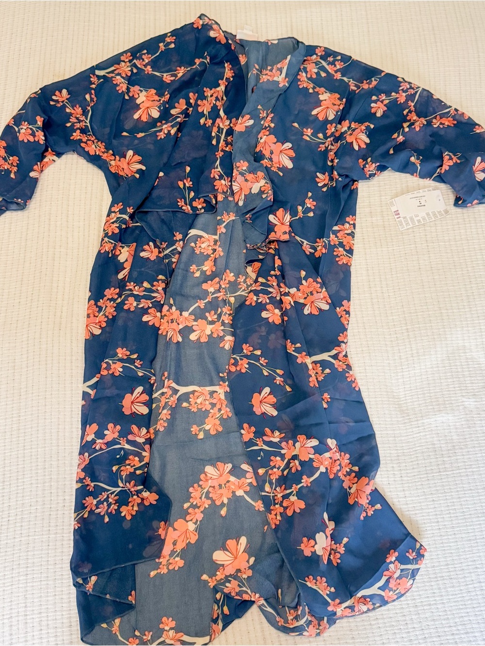 LuLaRoe Shirley kimono Open-Front Duster in blue and coral with beige accents